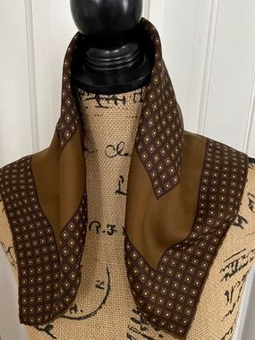 Vintage Brown Silk Square Scarf. Geometric Design.